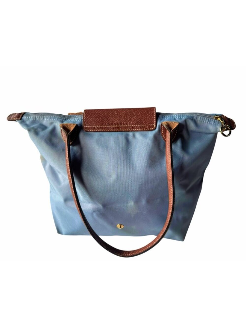 Longchamp Le Pliage Womens Tote Bag Small Light Blue Brown Leather Long Straps - Picture 3 of 16